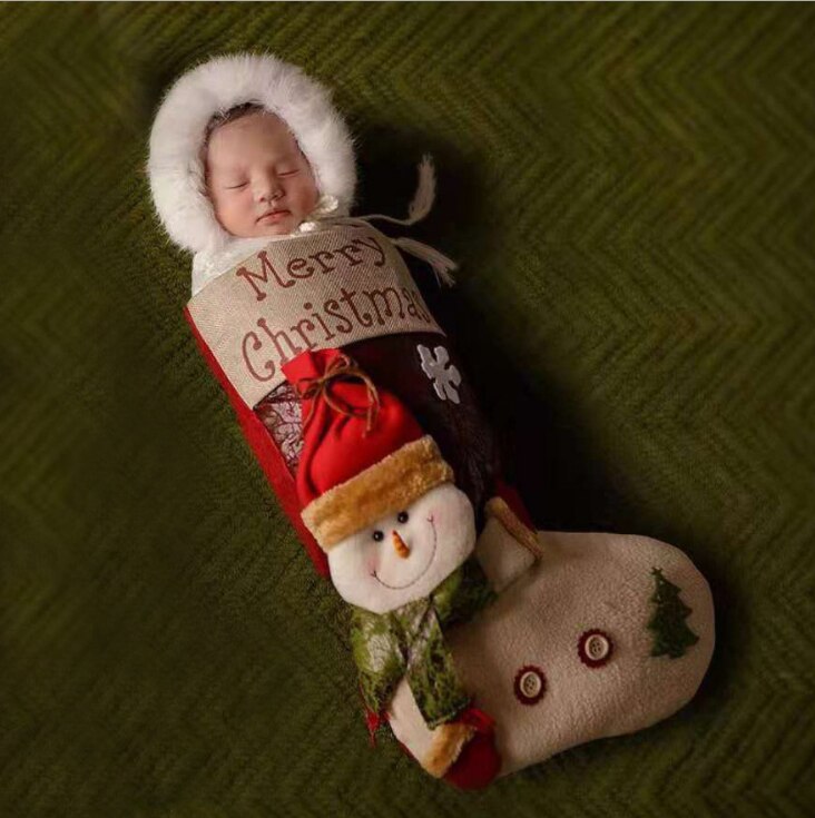 Newborn Baby Infant Christmas Big Socks Photography Props Boy Girl Outfits Hat and Overalls Set Bebe Photo Clothes Jumsuit