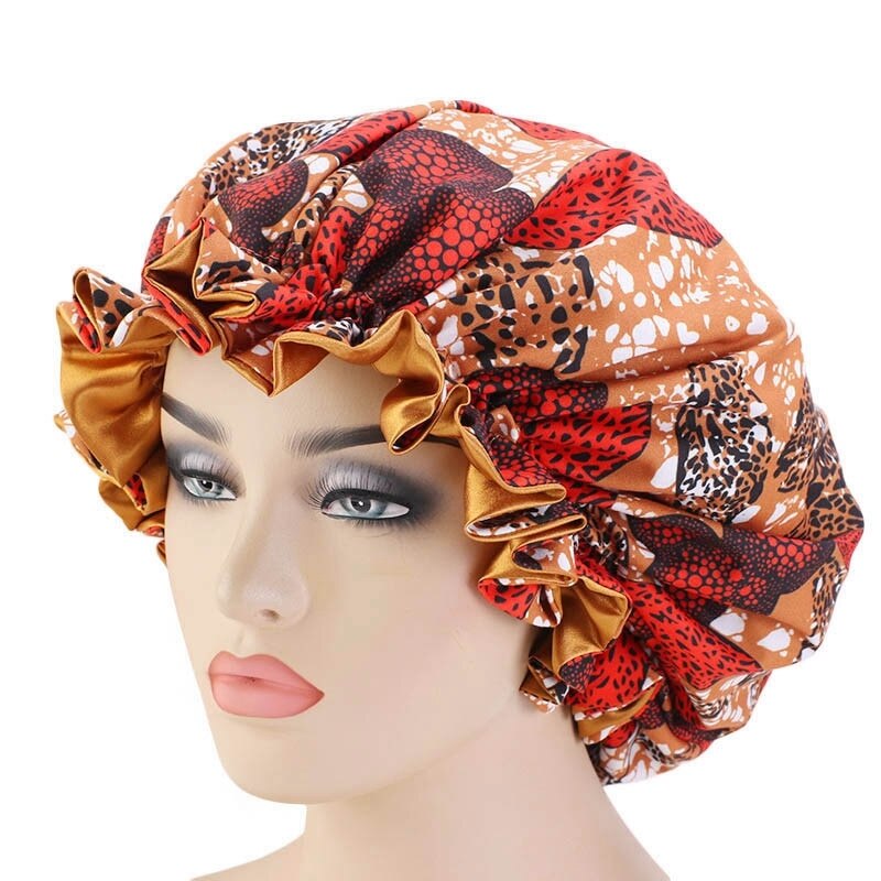 Extra grande taille cheveux casquettes modèle africain Satin Bonnet grande vague bord nuit sommeil casquette femmes fleur Turban outil de coiffure: Kaki foncé