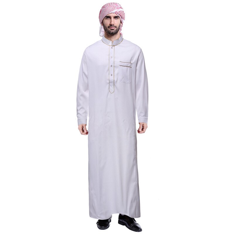 Katoen jubba thobe islamitische toga gewaad tuniek jurk volledige mouwen voor mannen arabië moslim abaya saudi kaftan ikaaf gouden kraag