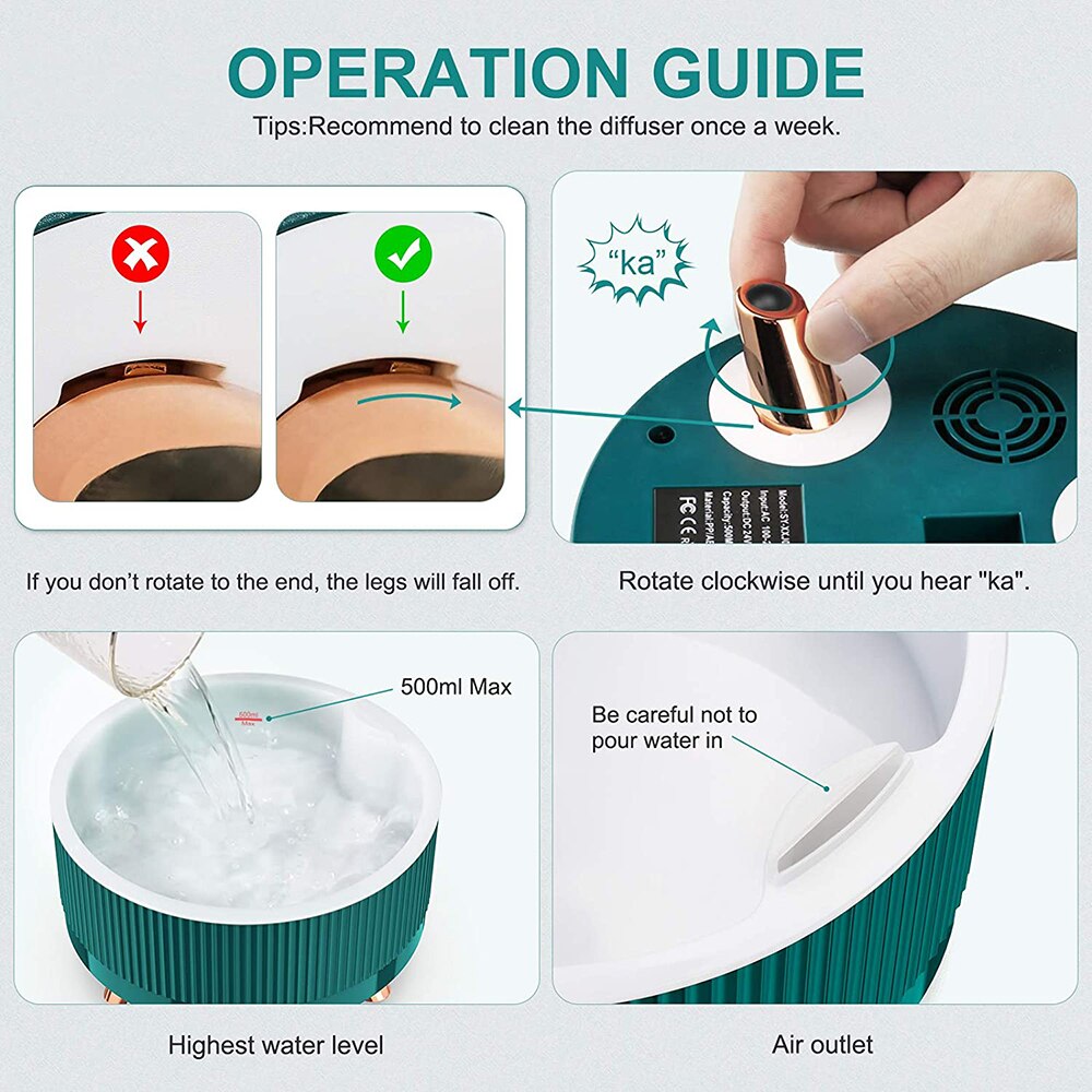 Electric Essential Oil Aroma Diffuser Ultrasonic Air Humidifier Aromatherapy Diffusers with LED Night Lamp For Home Office 500ML