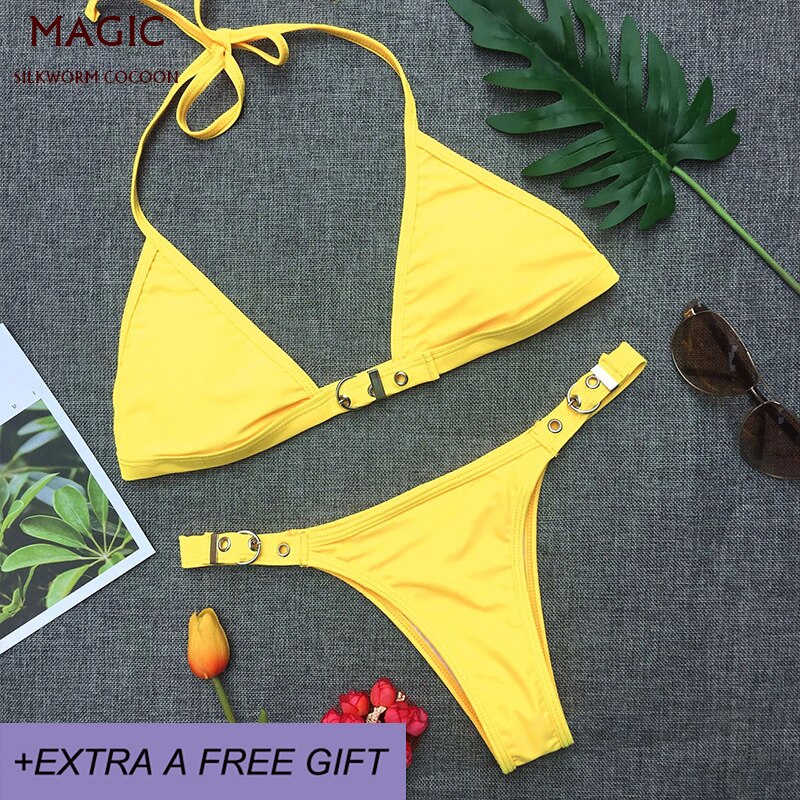 4 colors women bikini set beach chest adjustment buckle swimwear female swimsuit Low waist swimming suit blue bathing suit: Yellow / S