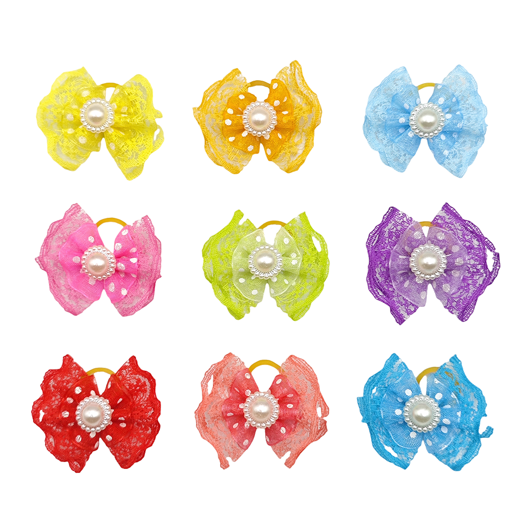 100 piezas de lazos para el cabello de encaje de doble capa para perros pequeños, pinzas para el cabello para el cuidado de mascotas, accesorios para el cabello para cachorros con banda de goma