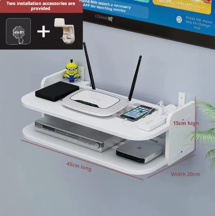 WiFi Hanging Shelf Wall-Mounted with Power Strip Multi-Outlet TV Set Top Box Cable Organizer Hidden Floating Rack for Home Theat