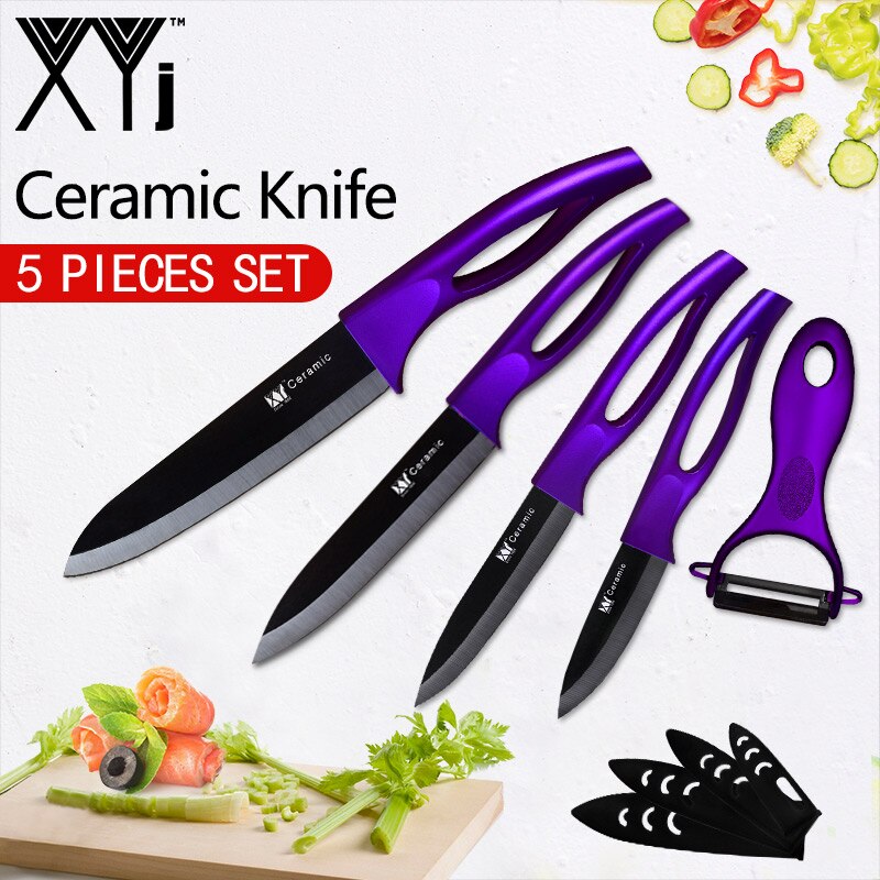 XYj Ceramic Knives Kitchen knives Tool 3 4 5 6 inch Chef Knife Cook Set+Peeler White Black Blade Multi-color Handle: Purple H Black Blade