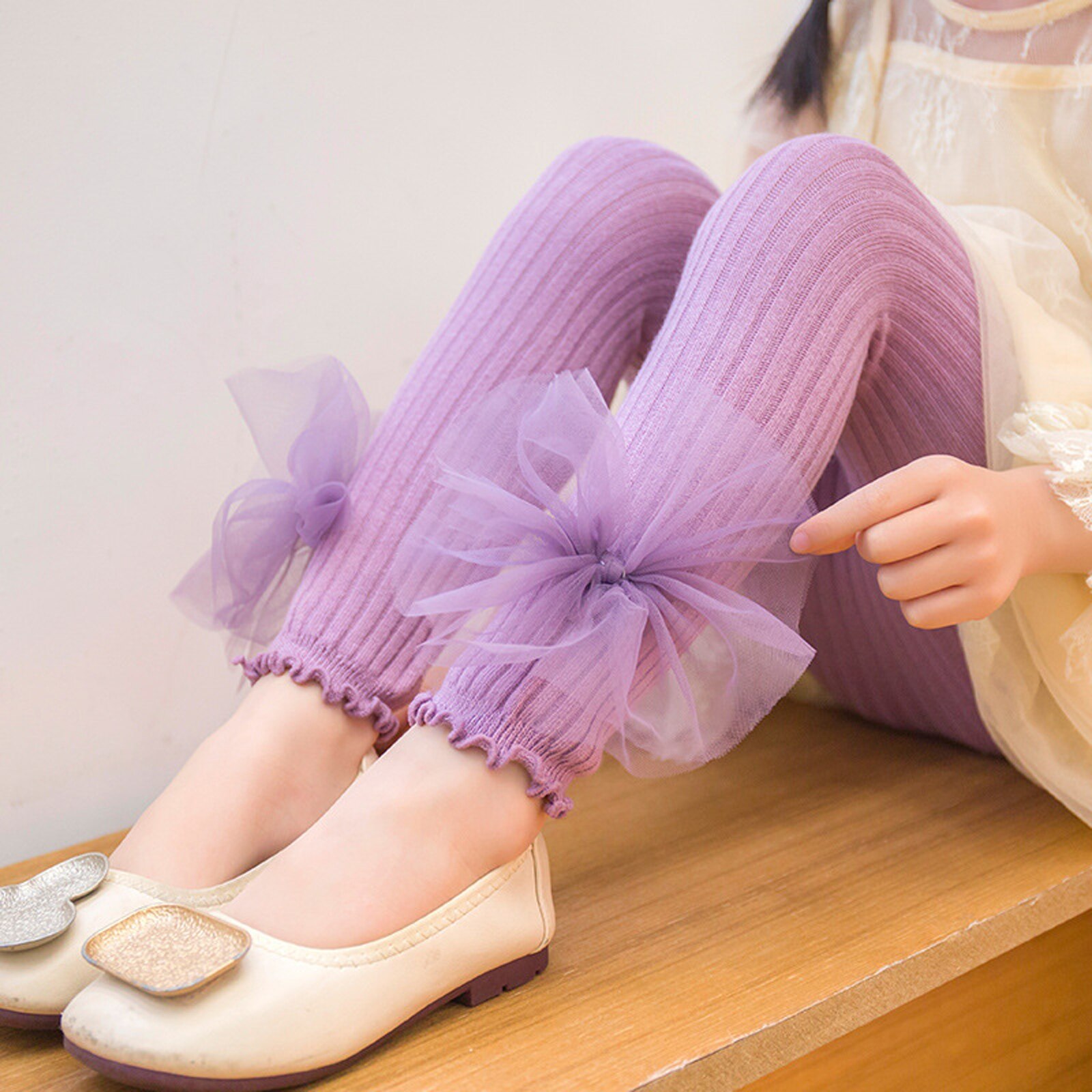 Outono bonito crianças meninas collants linda canelada meia-cintura estiramento leggings com gaze bowknot para meninas: ROXO / 5T