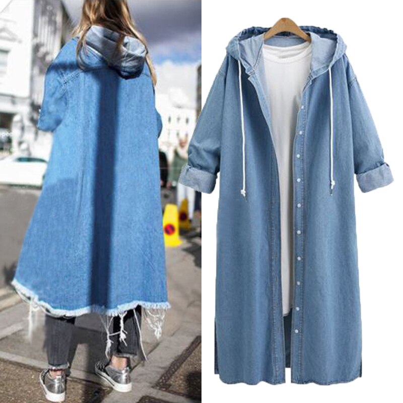 Women Loose Long Sleeve Hooded Denim Jacket Coat Ladies Casual Buttons Long Jean Coat Cardigan Outwear Tops: Sky Blue / XL