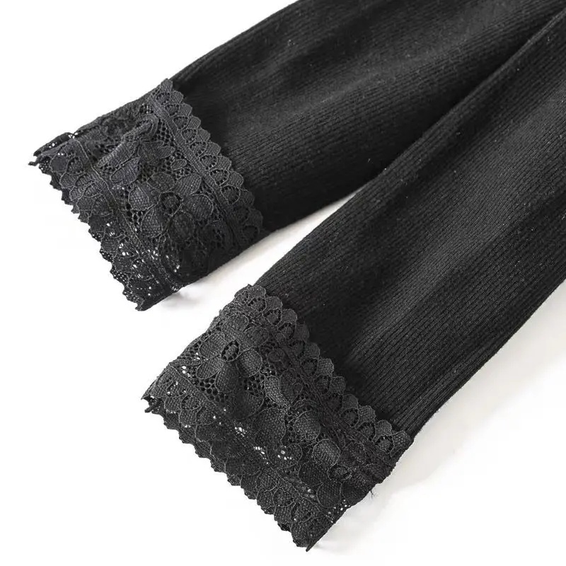 Pantalones de lana gruesa para mujer, mallas térmicas de algodón, adornos de encaje adelgazantes, pantalones cálidos de nueve puntos, rayas verticales, Otoño e Invierno: XXS / Negro