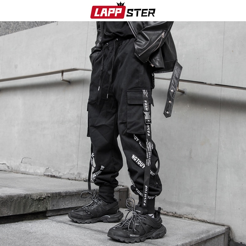 Lappster herr japansk streetwear cargo byxor herr band hip hop overall joggingbyxor man svart mode träningsbyxor