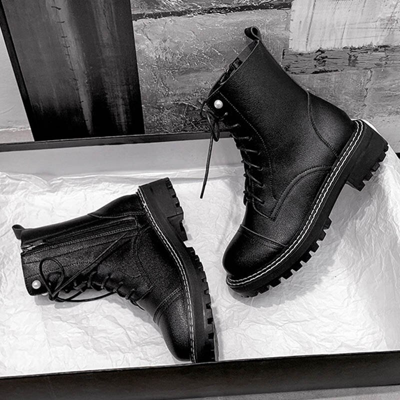 Botas de encaje de perlas para mujer, botines con cremallera de felpa, para invierno,