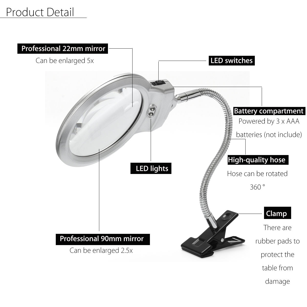 Illuminated Magnifier Magnifying Clip On Desktop Glass Reading Loupe Metal Hose LED Lighted Lamp Top Desk Magnifier With Clamp