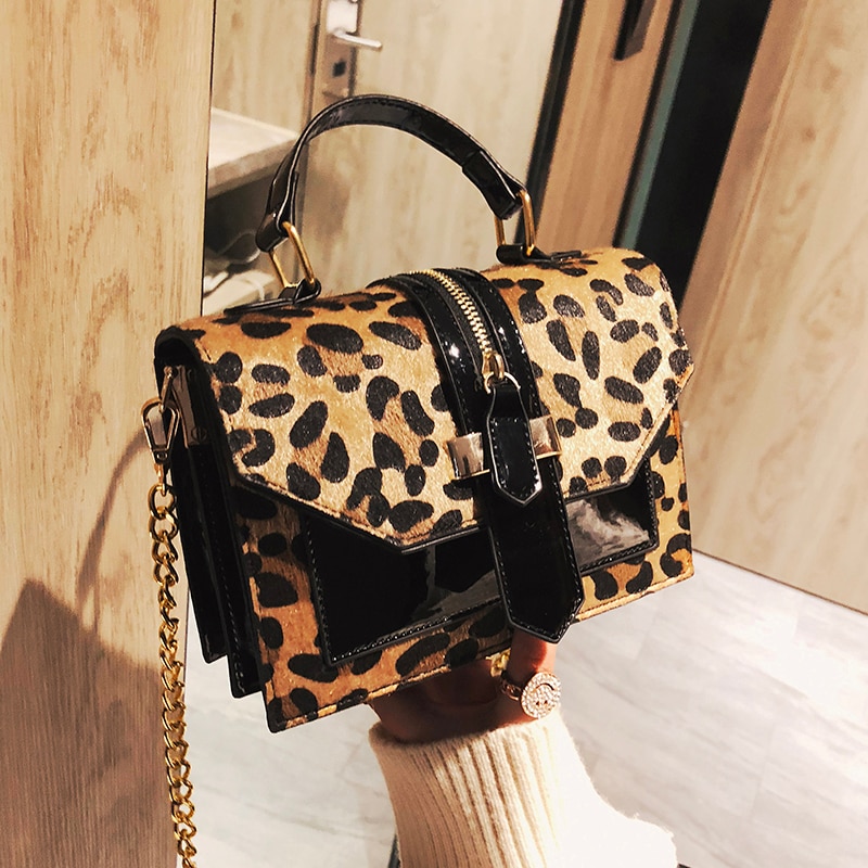 women's leopard PU leather shoulder bags lady solid black and burgundy crossbody chain handbags girl sling bags