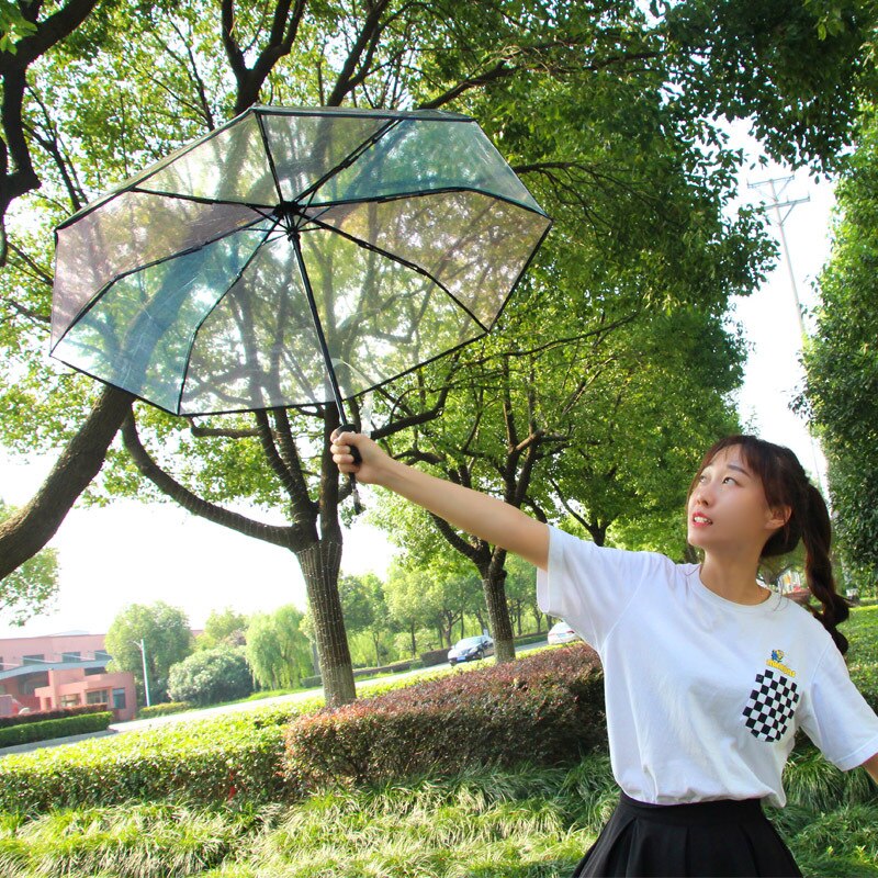 Transparent Plasstic Three Fold Women Rain Umbrella Automatic Rainbow Umbrellas For Girls Kids Outdoor Hiking Windproof Parosal