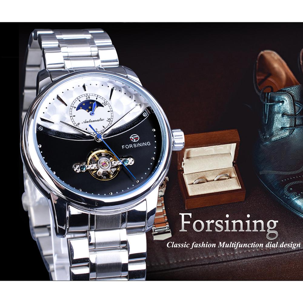Forsining Mannelijke Horloges Casual Automatische Maanstand Half Dial Self-Wind Mechanische Roestvrij Stalen Band Jurk Horloges