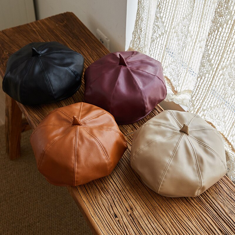 Vintage Women Beret Solid Beret Cap Pu Leather Beret French Artist Warm Beanie Pumpkin Hat Female Ladies All-Match Adjustable
