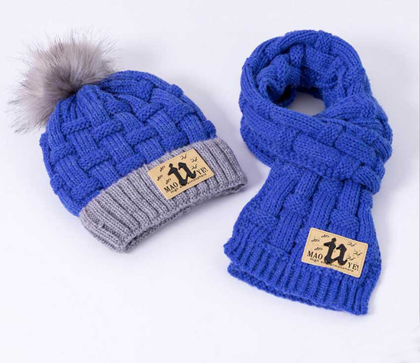 Vinter tjej mössa och halsduk set för barn barn stickade mjuka stretch kabel mössor halsdukar pojkar pompom keps halsdukar varm kostym  m7118: Blå