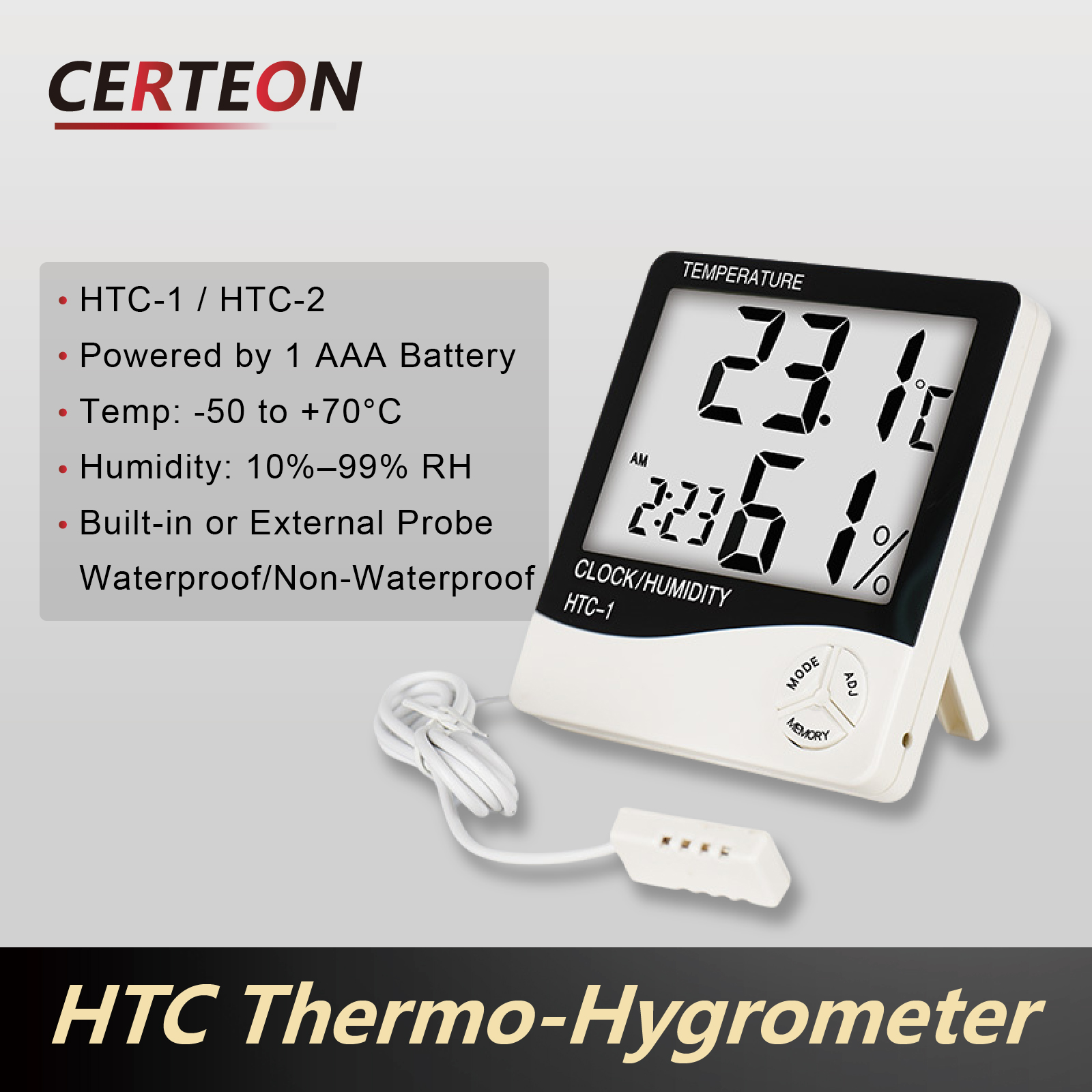Hög precision htc -1 htc -2 termometer hygrometer med extern sond temperatur- och fuktighetsmätare för industriellt växthus