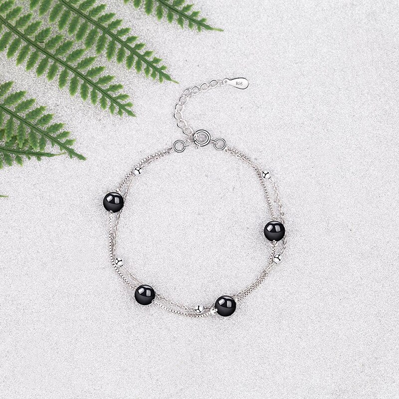 925 Sterling Silver Personality Black Bead Chain Bracelets For Women Lady All Match Daily Party AY976