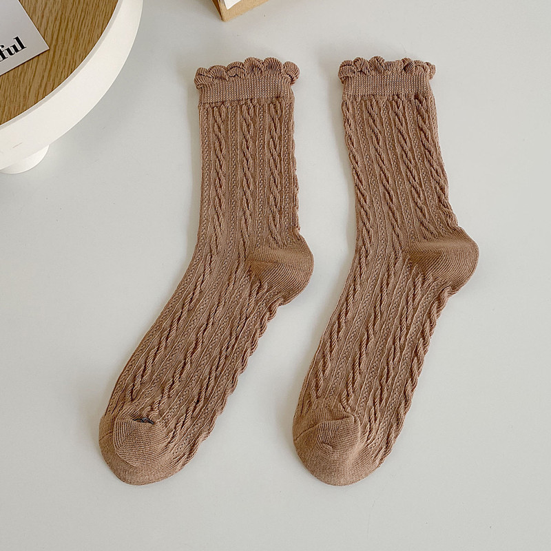 Calcetines de algodón de estilo japonés para mujer, calcetín con volantes, Color liso, negro y blanco, coreana: khaki