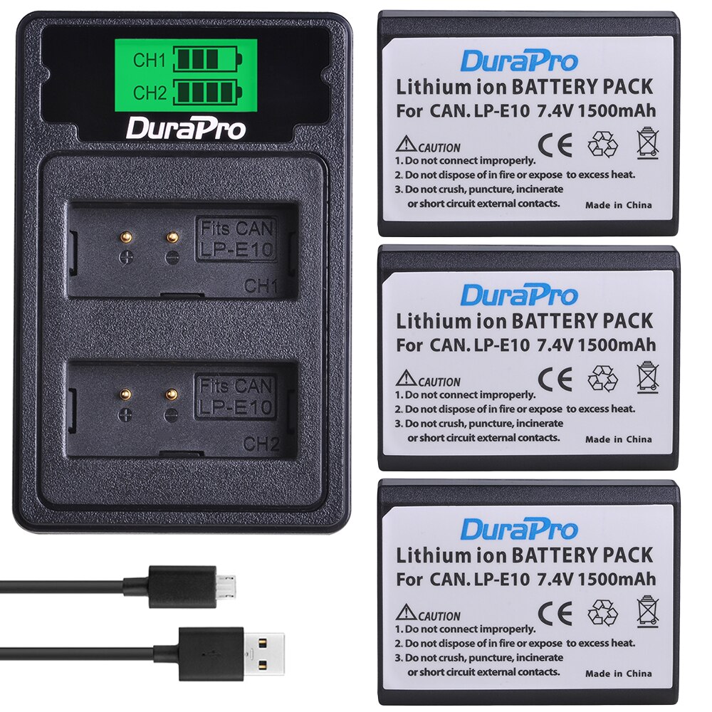 Batterie avec chargeur pour Canon EOS 1300D, EOS 1100D, EOS 1200D, Rebel T5, Rebel T6, Rebel T3, 1500mAh, LPE10, LP-E10: 3Battery 1Charger