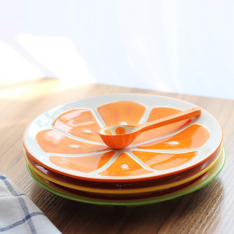 Plato plano de fruta con de naranja para comida, vajilla de ensalada pintada a mano, juego de vajilla de dibujos animados, plato de almuerzo para niños, 1 uds.