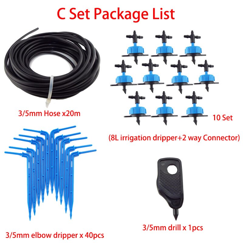 4-way 20M Arrow Drip Irrigation kit pvc hose tube Greenhouse Kits Transmitter Watering System Irrigation Garden Plant tool: C set