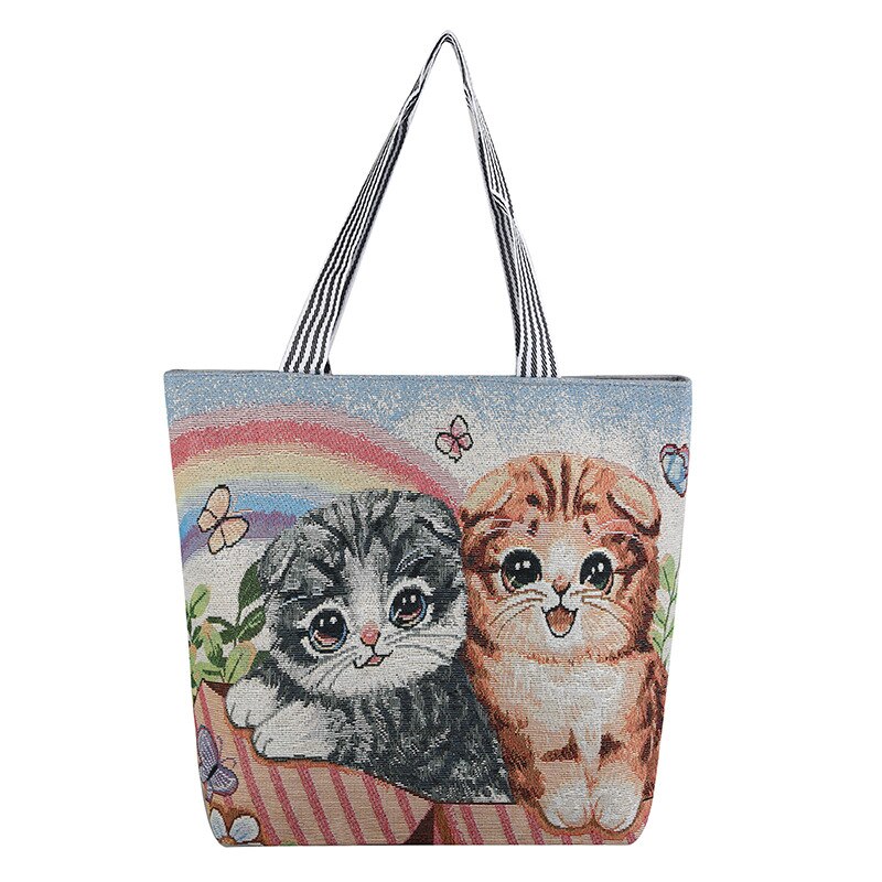 Vrouwen Grote Capaciteit Canvas Tas Mode Cartoon Kitten Katoenen Doek Schoudertas Eco Handtas Tote Herbruikbare Grocery Shopper Tassen: A02