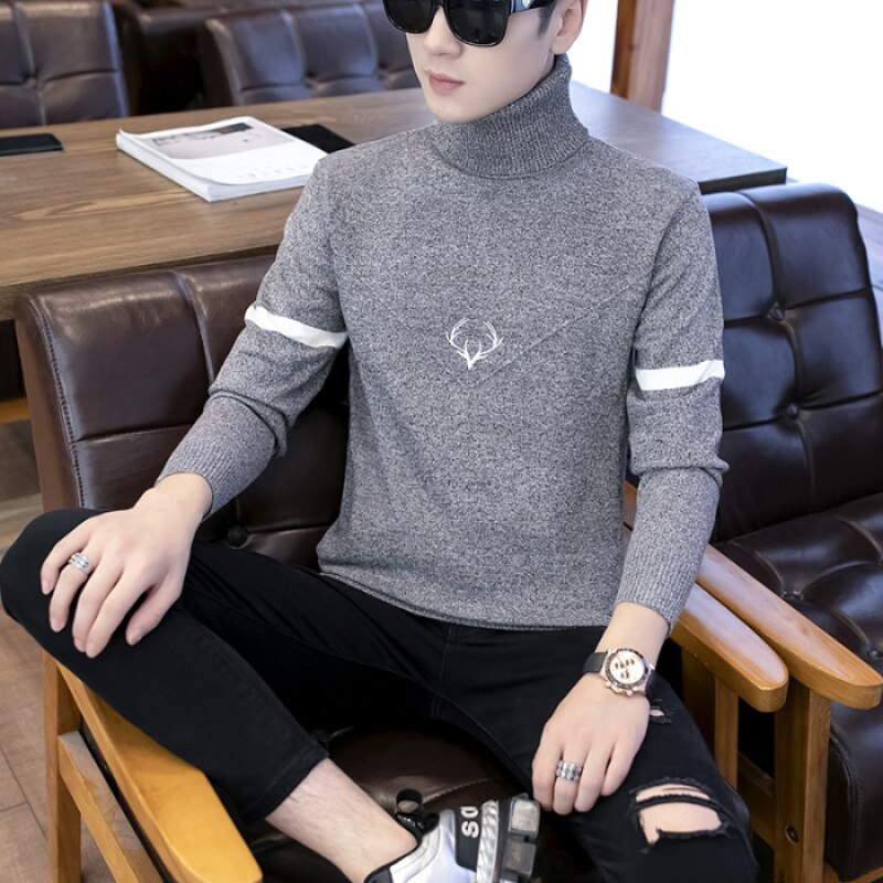Sweaters Korean version high collar bottomed men's sweater trend slim knitwear Youth Students: Light Grey / XXL
