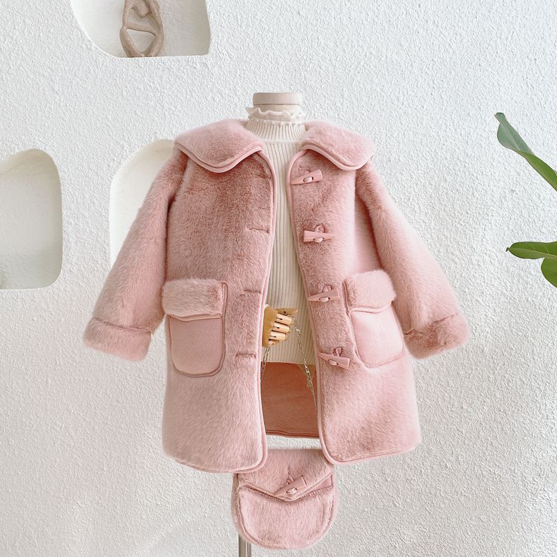 Meisjes Lange Imitatie Bontjas Kinderen Winter Dikke Jas + Bag4-11Y: Roze / 10T 11T