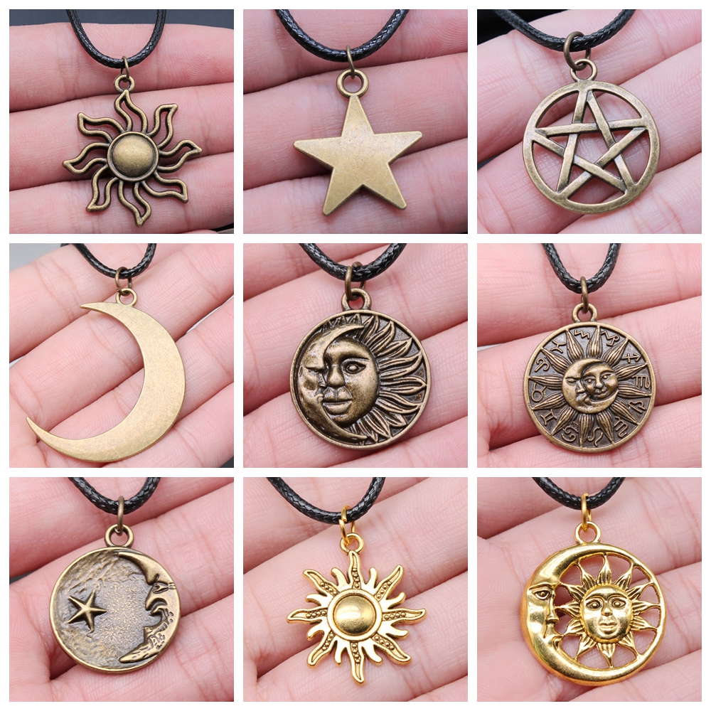 30 estilos Unisex amuleto Wicca joyería sol Luna estrella pentagrama colgante collar cordón de cuero negro