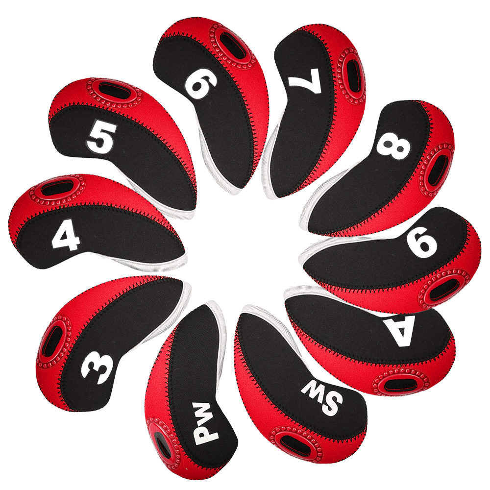 Golf Club Covers Set Voor Strijkijzers Neopreen Ijzeren Hoofdbedekking Club Beschermer 10 Stuks Met Bovenvenster Voor Mannen Vrouwen: Rood