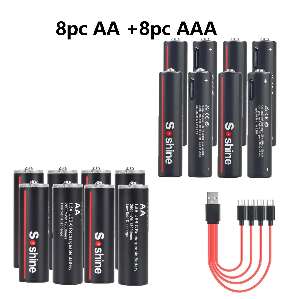 Soshine USB Lithium-Ionen 600 mWh 1,5 V AAA-Akkus + 2600 mWh 1,5 V AA-Akku Li-Ionen AA- und AAA-Akkus: Rot