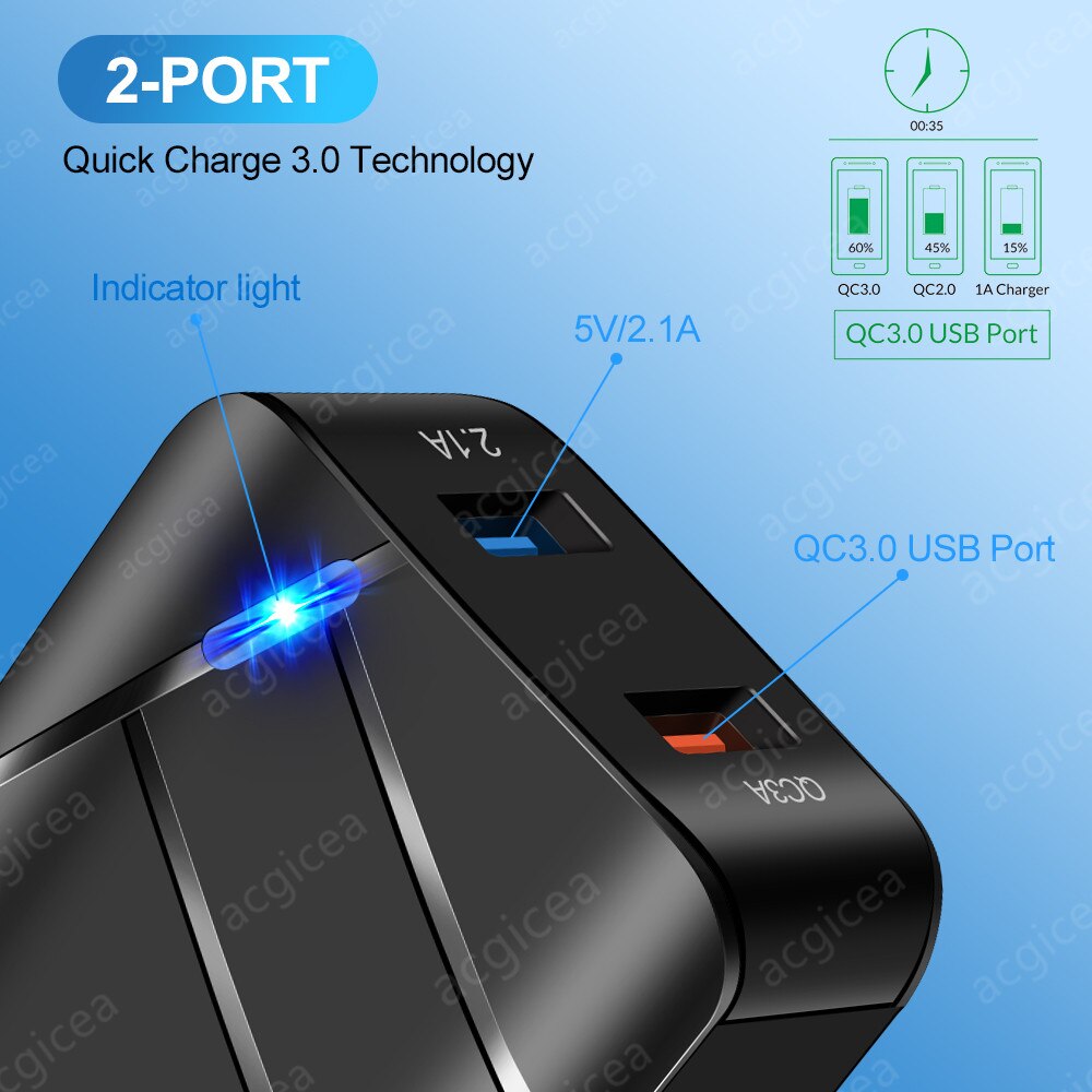 Cargador de teléfono con 2 puertos USB, dispositivo de carga rápida 3.1A, pantalla LED 3,0, para iPhone 12 Pro, Samsung S20, adaptador de pared de la UE