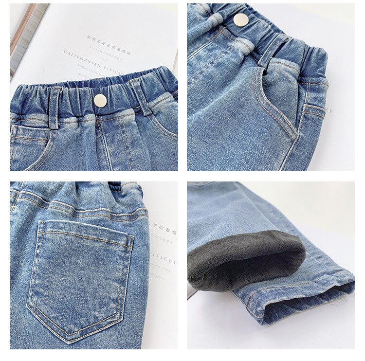 Inverno meninos e meninas macio elástico forro de lã quente jeans 2020 crianças moda all-match calças de brim quente