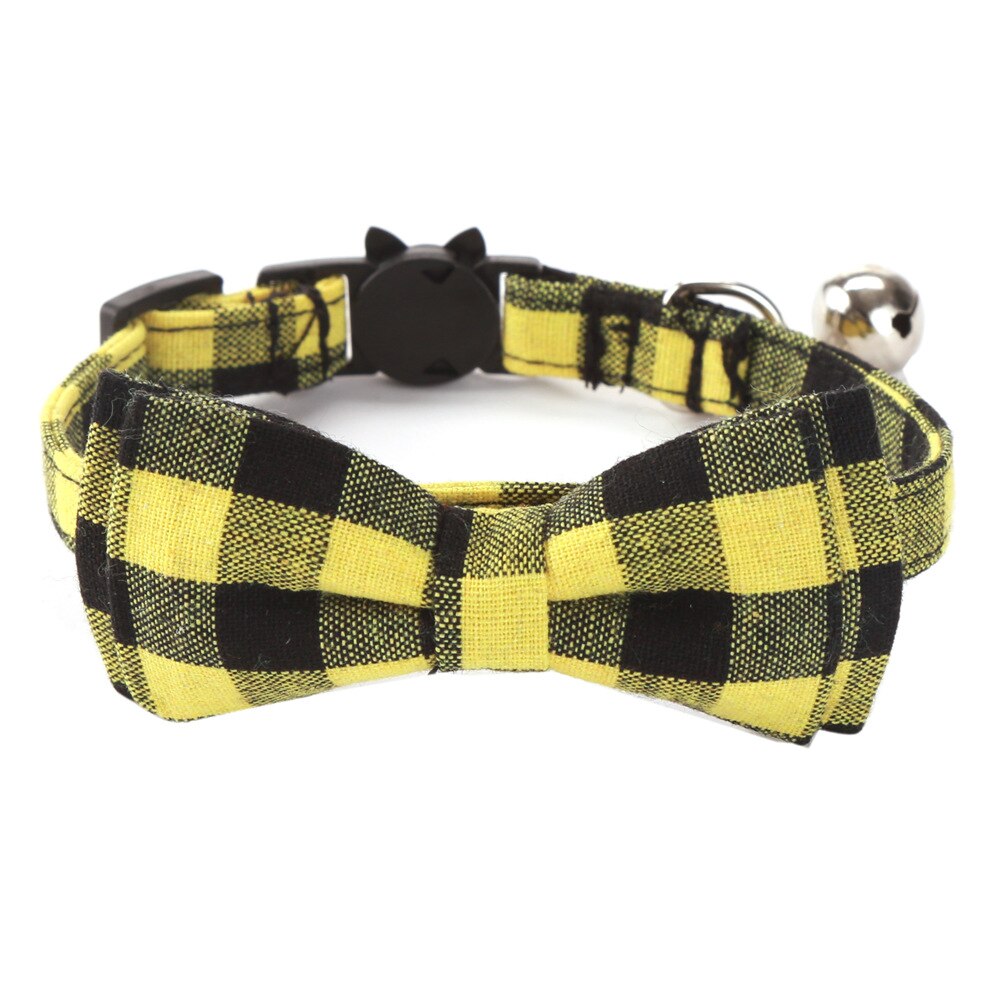 Fargerik rutenett kattehalsbånd bomull stripet sløyfe halskjede bulldog chihuahua sløyfe valp liten hund fest bandana halsbånd: Gul-svart