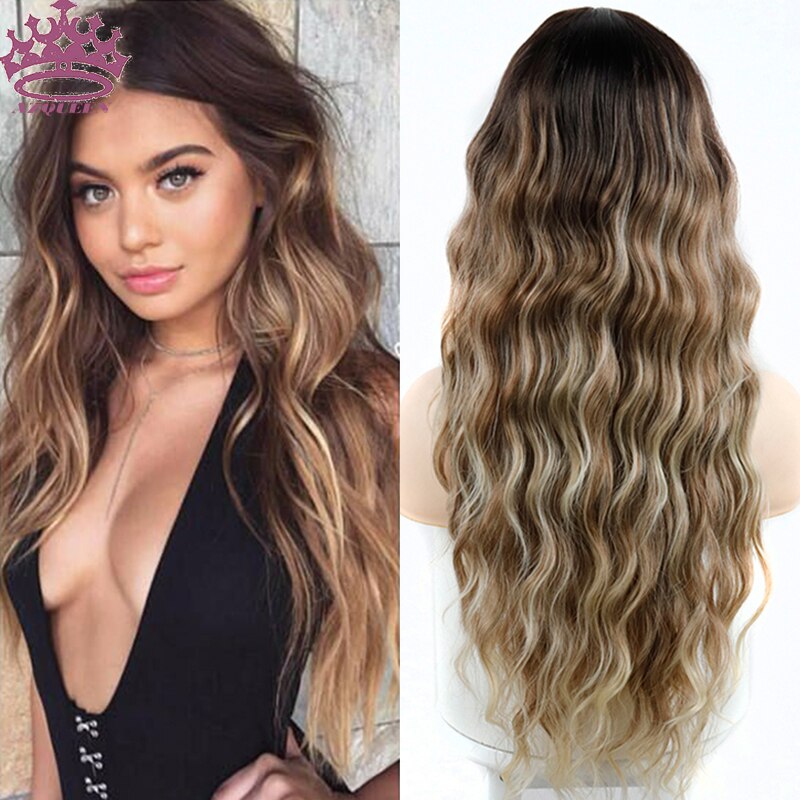 Peluca AZQUEEN largo ondulado para mujer, pelucas de pelo Natural con parte lateral, pelucas sintéticas Ombre de platino/Rubio/pelucas negras resistentes al calor para mujer: 9164-R6-430-613