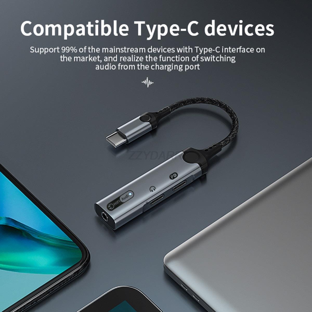Type-C Headphone Adapter 3 in 1 USB C to 3.5mm Audio Converter USB C Audio Splitter and 60W Charging for iPhone15 Galaxy S23 S22