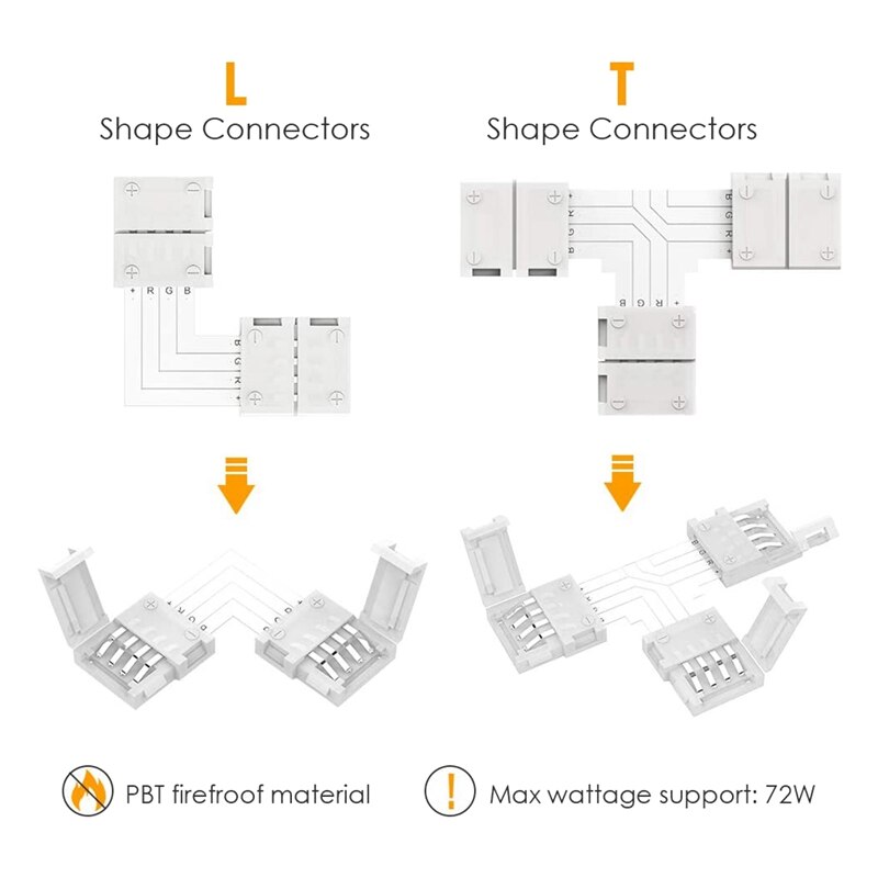 Led Strip Light Connectors Kit,4 Pin Conductor Light Strip Splice,10mm Tape Light Connector for SMD 5050 RGB Strip