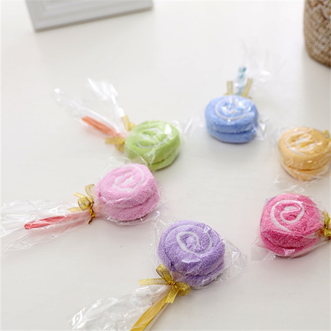 Toalla de algodón para pastel de piruleta, dulces de colores, , toalla encantadora para guardería, de cumpleaños y boda, 20 unids/lote