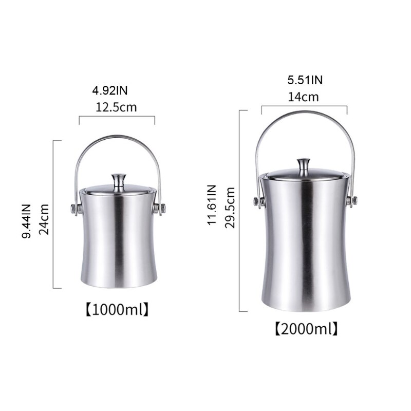 896A Stainless Steel Ice Cube Container with Lid and Tongs Champagne Cooler Ice Bucket Silver Matt Double-Walled Insulated Ice