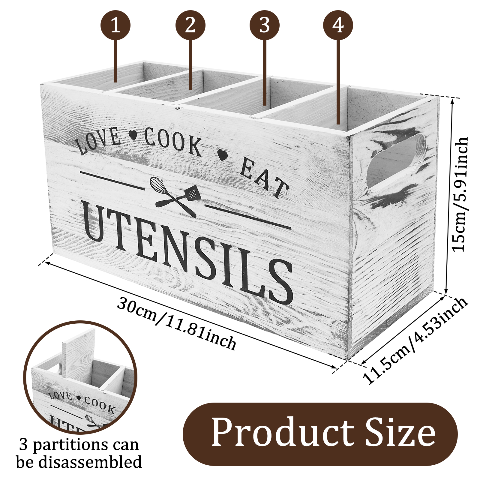 Træbestikholder til køkkenredskaber med 4 rum og drænbund til bestikopbevaring i køkkenet