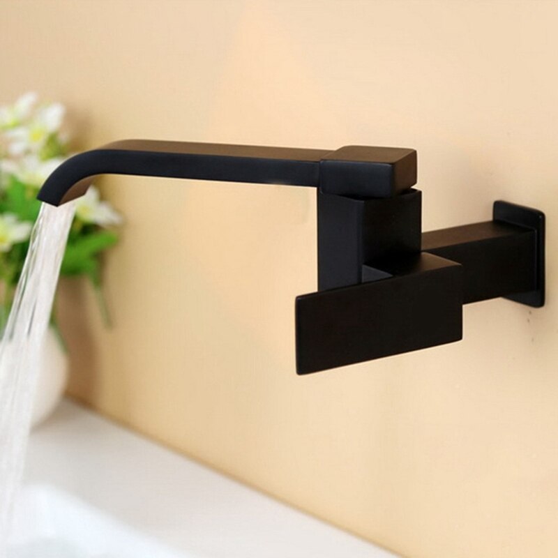 Bathroom Basin Faucet Wall Mounted Cold Water Faucet Bathtub Waterfall Spout Vessel Sink Faucet Mop Pool Tap: Black