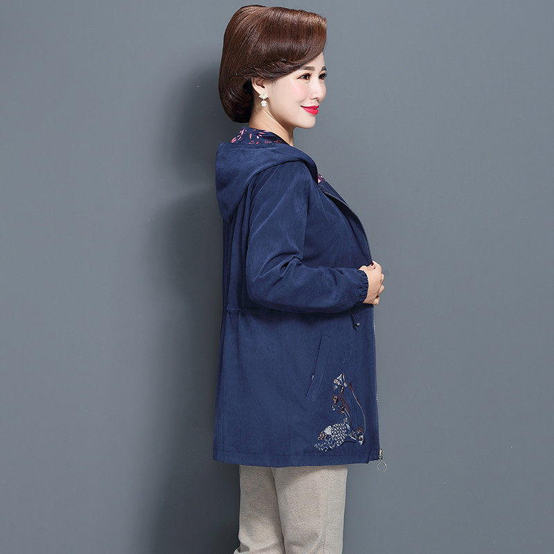 Women Trench Coat Spring Autumn Print Thin Female Both Sides Wear Overcoat Middle Aged Mother Hooded Windbreaker W1873: Navy / L