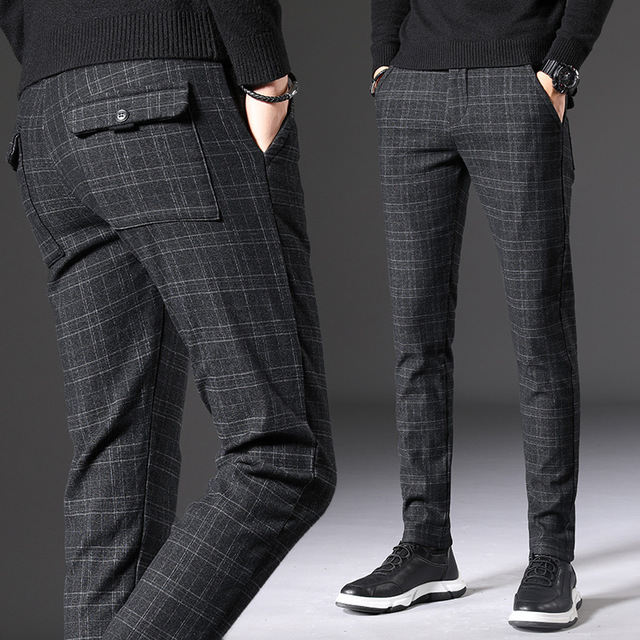 Herfst Lente Pak Broek Mannen Slim Fit Zwart Grijs Plaid Formele Jurk Broek Plus Size Business Casual Heren broek