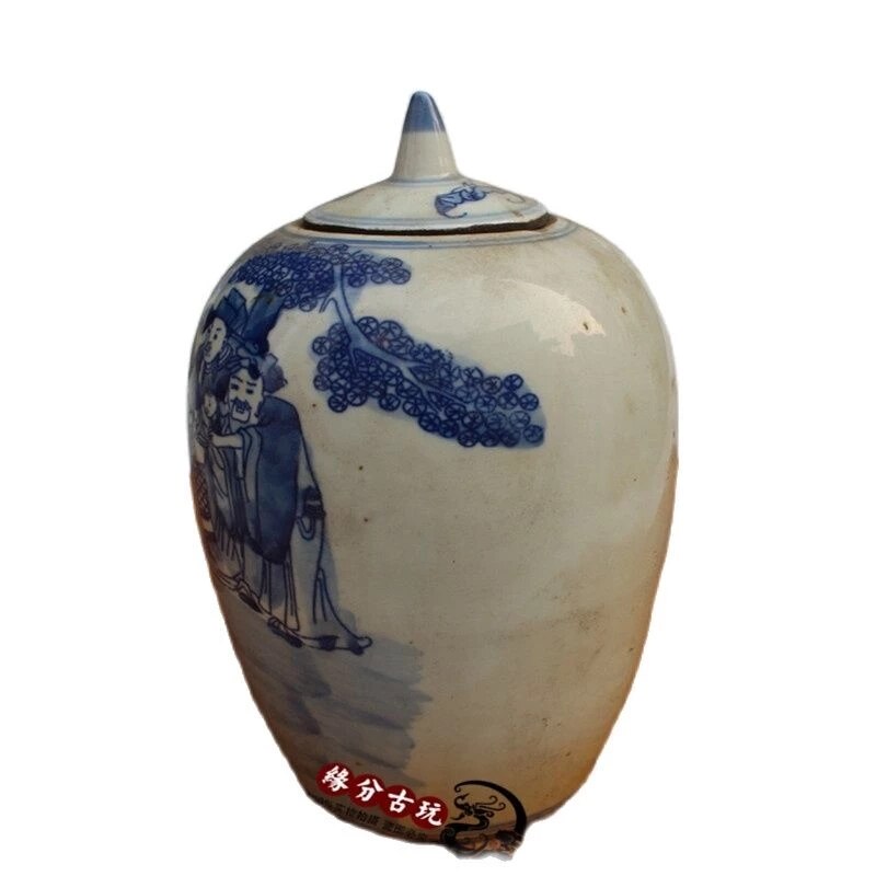 Pintura de porcelana China antigua, maceta azul y blanca