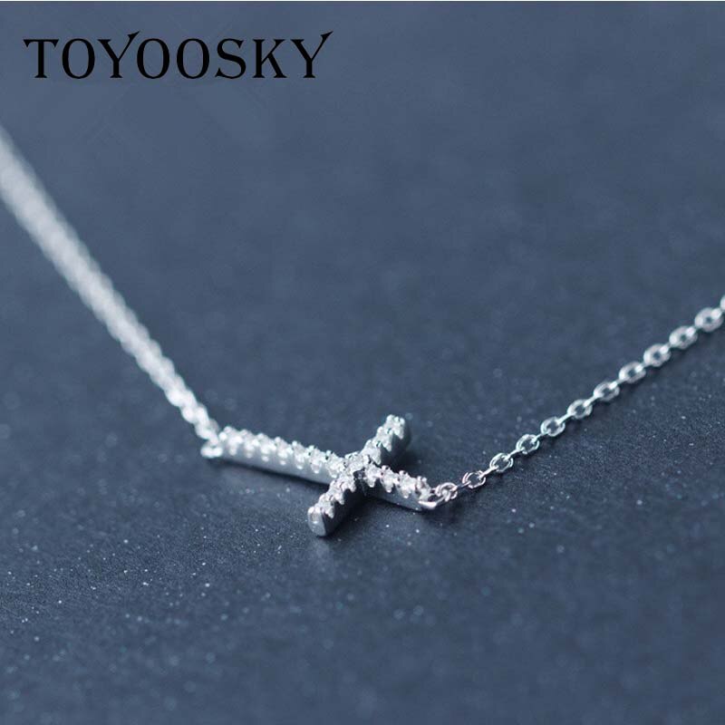 TOYOOSK Real. 925 Sterling Zilver Micro Pave Kleine CZ Horizontale Sideways Cross Ketting Hanger Sterling-zilver-Sieraden 18