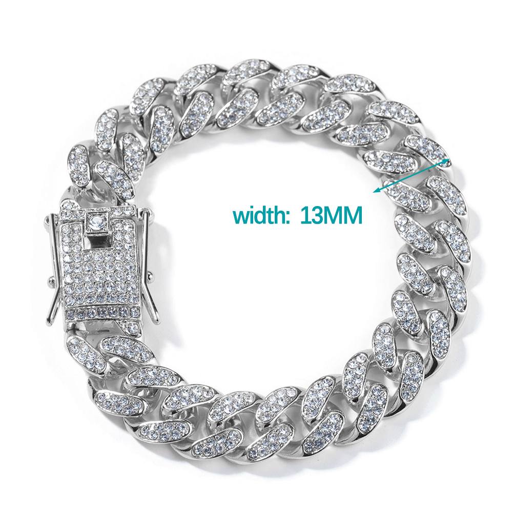 HipHop Men Women 13MM Prong Cuban Link Chain Bracelet Bling Iced Out 2 Row Rhinestone Paved Miami Rhombus Cuban Chain Jewelry: 16cm / REDDISH BROWN