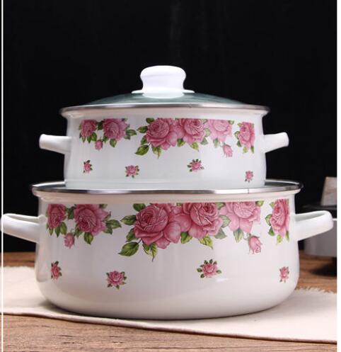 Enamel Enamel Soup Pot Noodle Pot Pot Binaural Induction Cooker Flat-bottom Gas Household Stewing Soup Thickening Retro Old