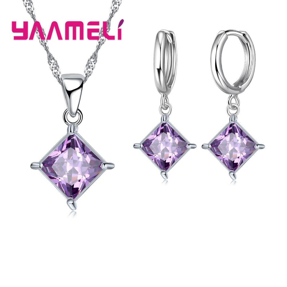 Authentieke 925 Sterling Zilveren Glanzende Cz Geometrische Klassieke Vierkante Huggie Oorbellen Ketting Sets Voor Vrouwen Fijne Sieraden: Purple