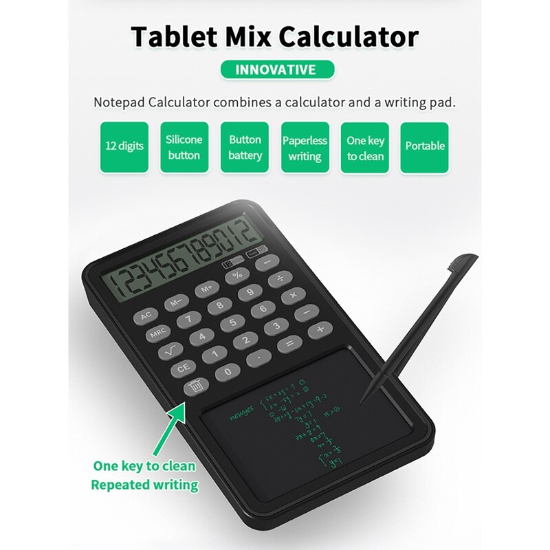 Calculadora con pantalla de 12 dígitos, Bloc de notas LCD, tableta de escritura, tablero de dibujo básico con lápiz óptico, botón de borrado