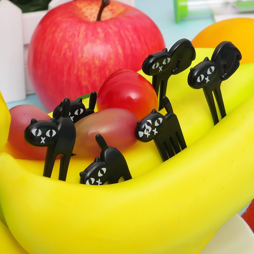 6 Pcs Mini Dier Vork Fruit Picks Leuke Cartoon Kat Kinderen Vork Bento Lunchbox Decor Accessoires Zwarte Kleur